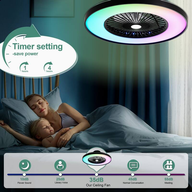 Cusp Barn 23 Inch Modern Low Profile RGB Ceiling Fan with Light, Smart Bladeless Flush Mount Enclosed Black Dimmable Ceiling Fan