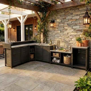 100% Solid Wood Outdoor Kitchen Cabinet Set, Modular Patio BBQ Island Sideboard Buffet Pantry