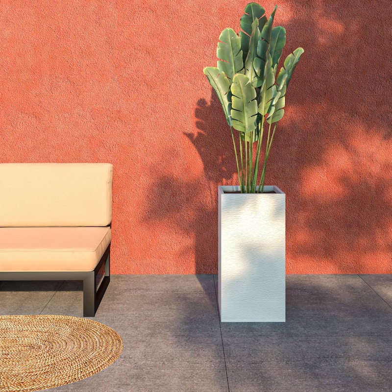 Basalt Tall Square Fiberstone Planter Modern Weather-Resistant Design for Indoor Outdoor Patio Planter Pot with Drainage