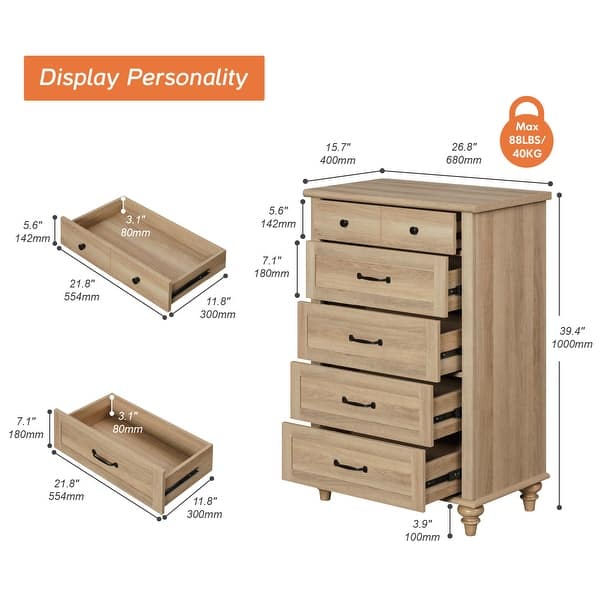 dimension image slide 5 of 6, Farmhouse Kids Dresser with 5/6 Drawers, Wood Baby Dresser for Nursery