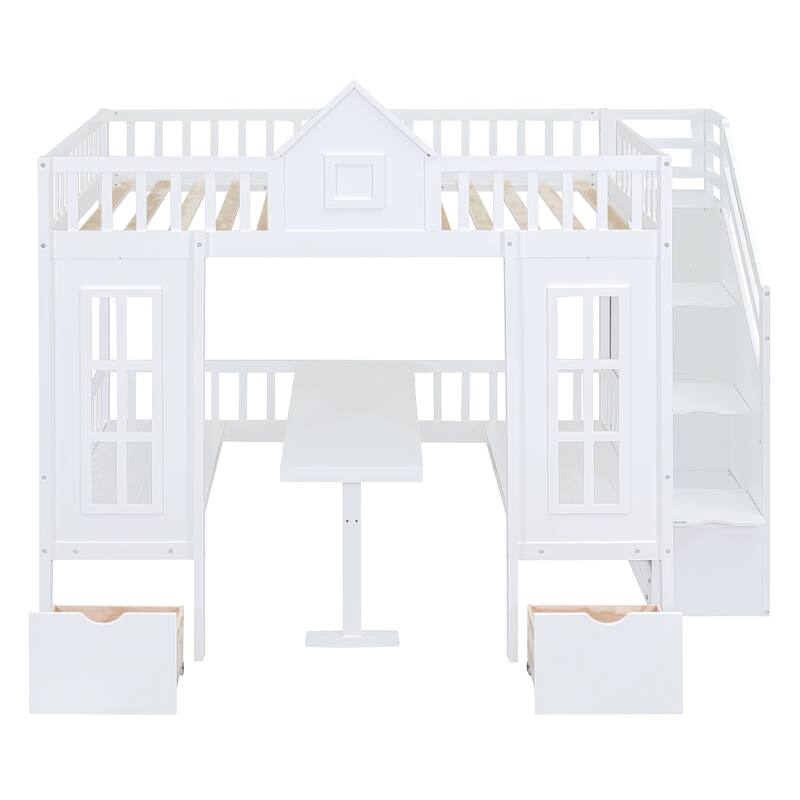 Stairway Bunk Bed with Changeable Table, Wood House Bedframe with Window & 2 Drawers, Bunk Bed Turn into Upper Bed and Down Desk