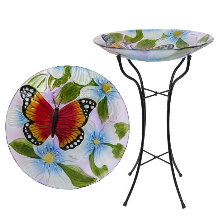 Alpine Corporation KBD116A-18 Glass Birdbath with Metal Stand, Floral Butterfly Bird Bath Bowl for Outside, 26"H