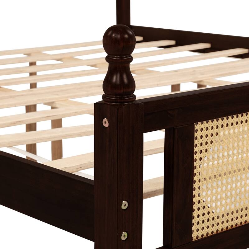 King Pine wooden Bed with Rattan Headboard and Footboard