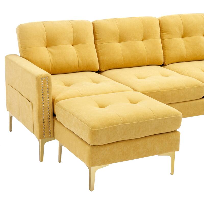 110.6" Velvet L-Shaped Sectional Sofa with Movable Ottoman and Storage Pockets