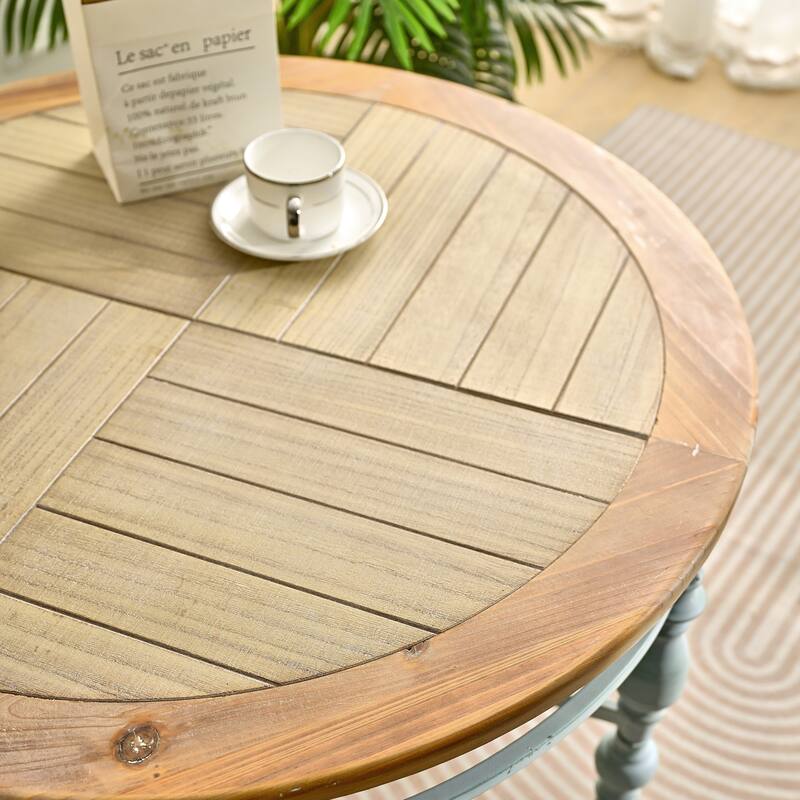 31.50" Accent Rustic Wooden Carved Coffee Table, Easy Assembly, Round Wooden Top Metal Leg Round End Table For Living Room