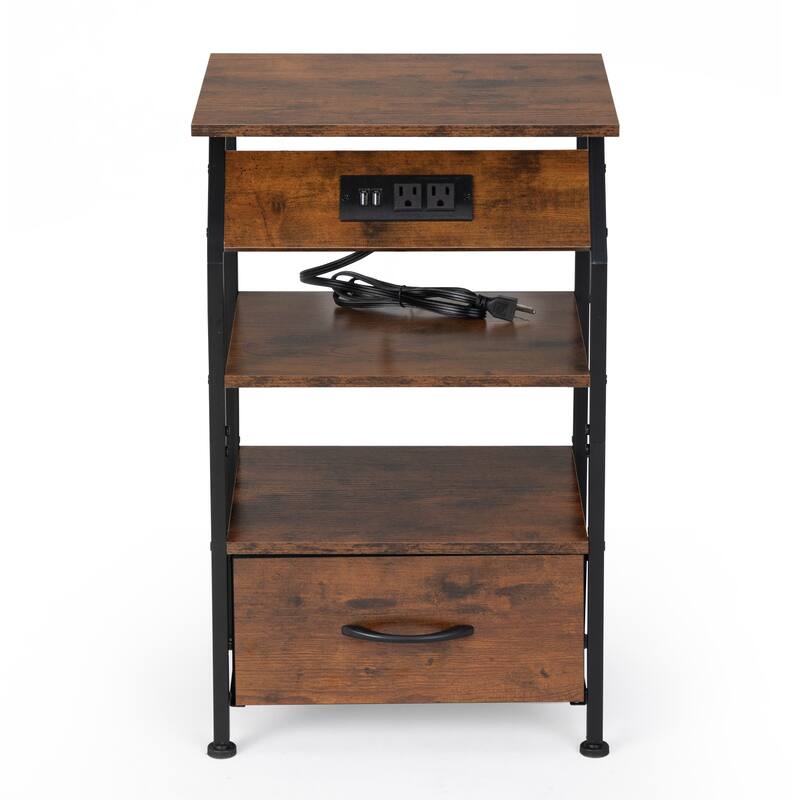 2-Tier Nightstand with Charging Station, USB Outlets, and Rustic Brown Finish