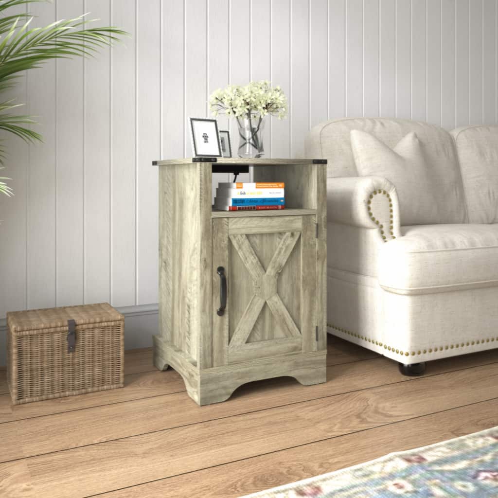 Farmhouse Nightstand Side Table, Tall Bedside Table with Electrical Outlets Charging Station - Light Grey
