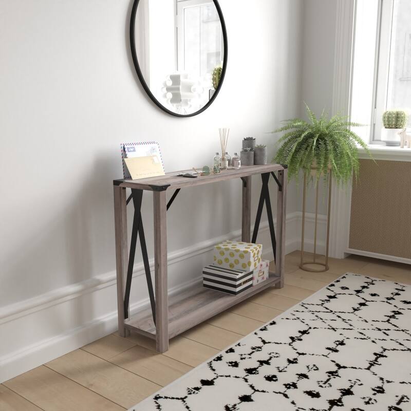 2-Tier Console Table with Metal Side Braces and Corner Caps - Gray Wash