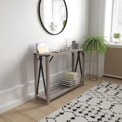 2-Tier Console Table with Metal Side Braces and Corner Caps