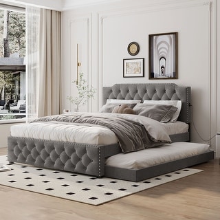 Gray Queen Bed Frame w/ Linen Fabric Trundle Bed Stitched Button Tufted ...