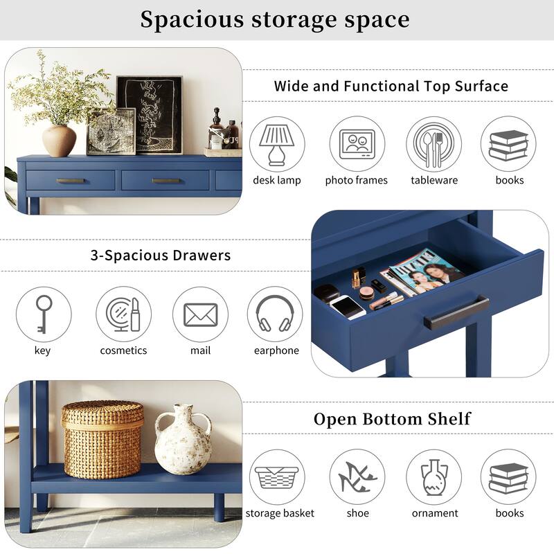 59.1" Farmhouse Entryway Console Table with 3 Drawers and Bottom Shelf