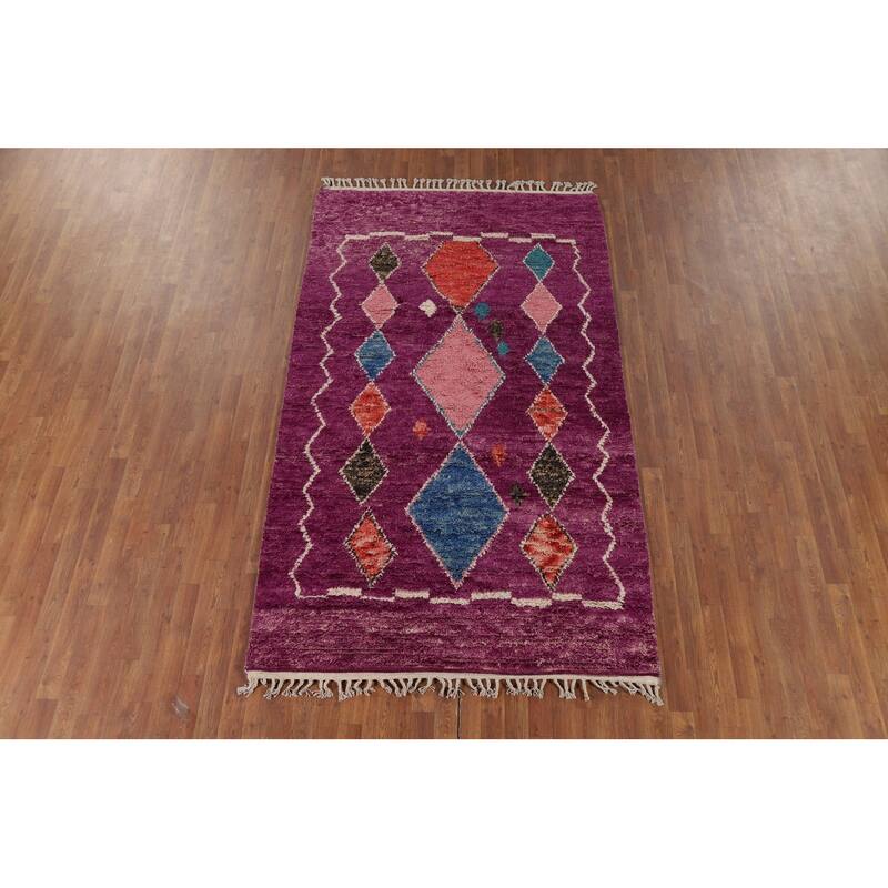 Hand Knotted Oriental 100% Wool Carpet Modern Geometric Purples Moroccan Area Rug - 8' 6'' X 4' 11''
