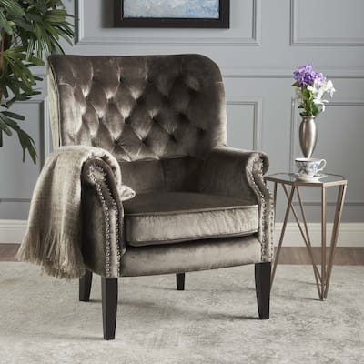 Roomfitters Velvet Tufted Accent Chair with Rolled Arms and Nailhead Trim, Classic Lounge Chair