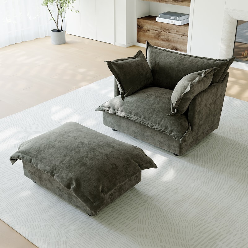 39"W Oversized Chenille Comfy Cloud Chaise Lounge with Ottoman