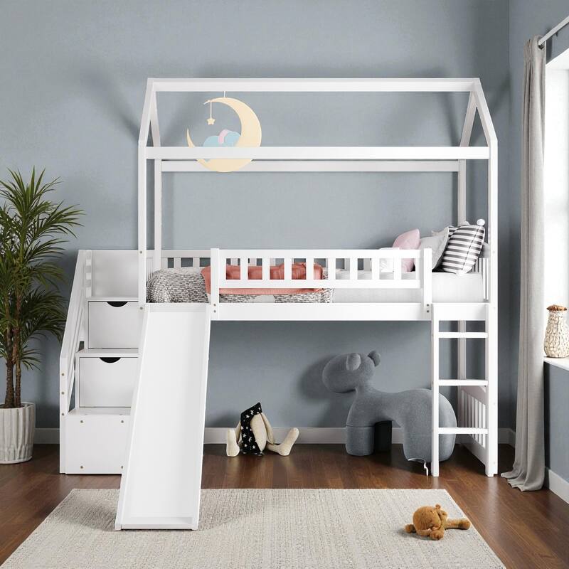 Twin Loft Bed with Slide and Storage Steps, House-Style Kids Bed with Two Drawers and Play Area, No Box Spring Needed