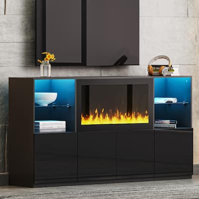 Modern Entertainment Center, Media Console TV Stand with 34.2" Non-heating Electric Fireplace, LED Light&Shelves