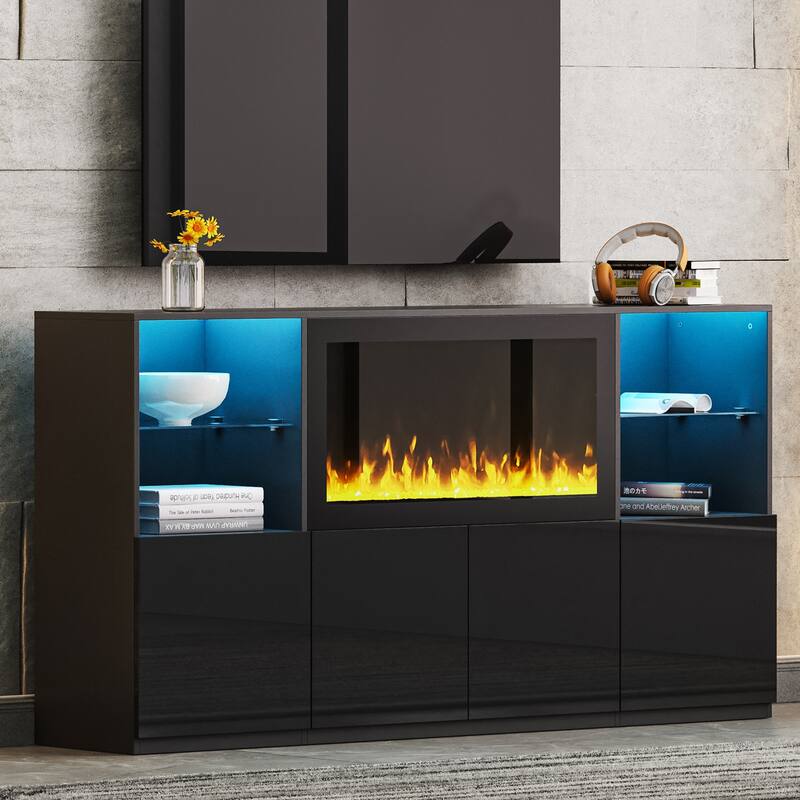 Modern High Gloss TV Stand with 34.2" Non-heating Electric Fireplace, LED Lighting for TVs up to 75" - Black