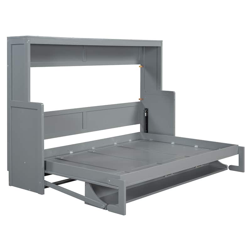 Full Size Wall Murphy Bed with Desk & Storage Shelf, Solid Wood Platform Bed Frame w/Hydraulic Lift for Guest Room Home Office