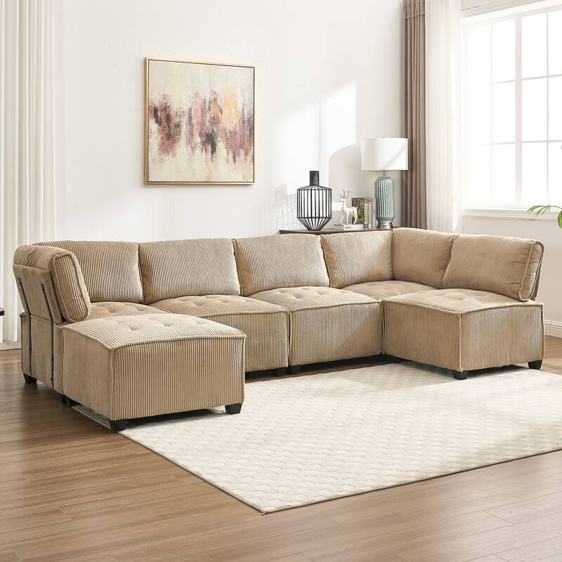 U-Shaped Corduroy Upholstered 6-Seat Convertible Modular Sectional Sofa Fit for Living Room - Khaki