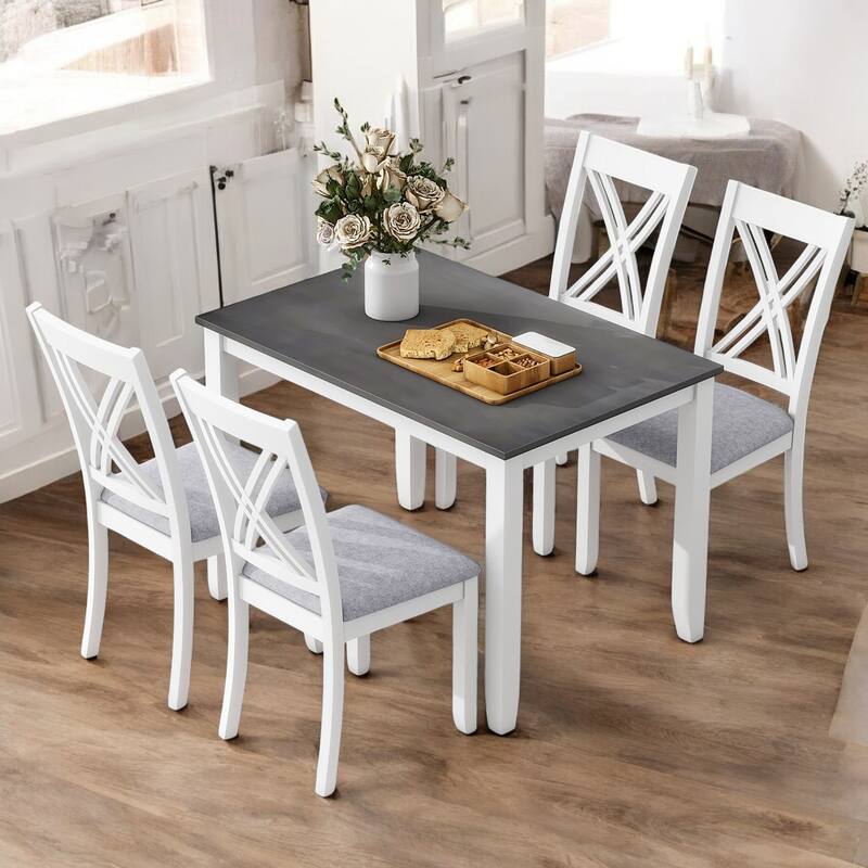 5-Piece Dining Table Set with 4 X-Back Chairs for Small Dining Rooms, Solid Wood Construction with Linen Upholstered Seats - Grey