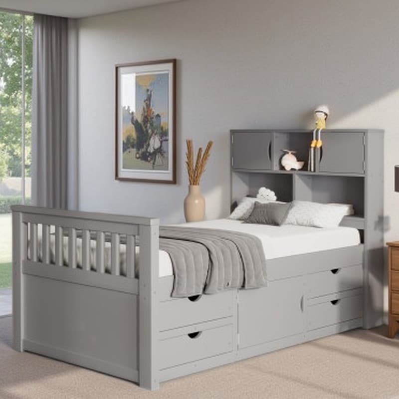 Twin Captain Bed Frame with Built-In Bookcase Shelves & 4 Under-Bed Drawers, Wooden Platform Storage Bed