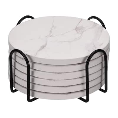 Drink Coasters with Holder, 6pcs 4" Marble Style for Home Decor - Black