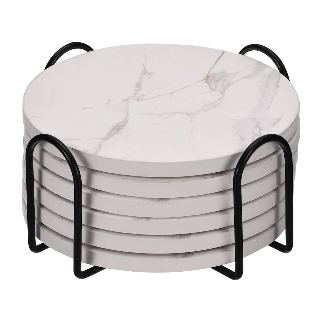 Drink Coasters with Holder, 6pcs 4" Marble Style for Home Decor - Black
