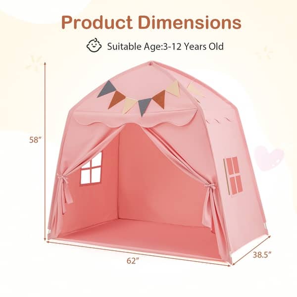 dimension image slide 0 of 3, Gymax Kids Play Tent w/Flags and Globe String Lights for 3-12 Years - See Details