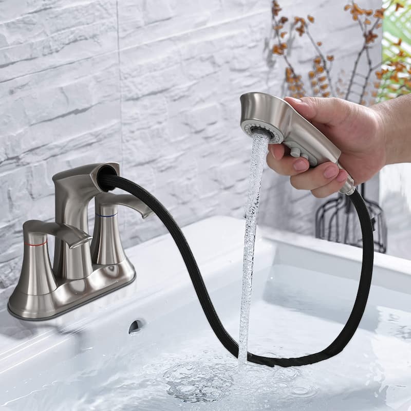 2 Handle Bathroom Sink Faucet with Pull Down Sprayer and Removable Aerator, Solid Brass Valve, Anti Fingerprint and Anti Rust - White