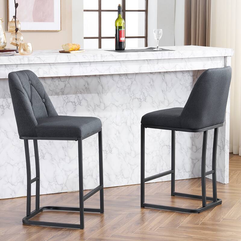 Bar Stool Set of 2, Upholstered Bar Stool with Button-Tufted Backrest, Counter Height Armless Chair with Sturdy Metal Frame
