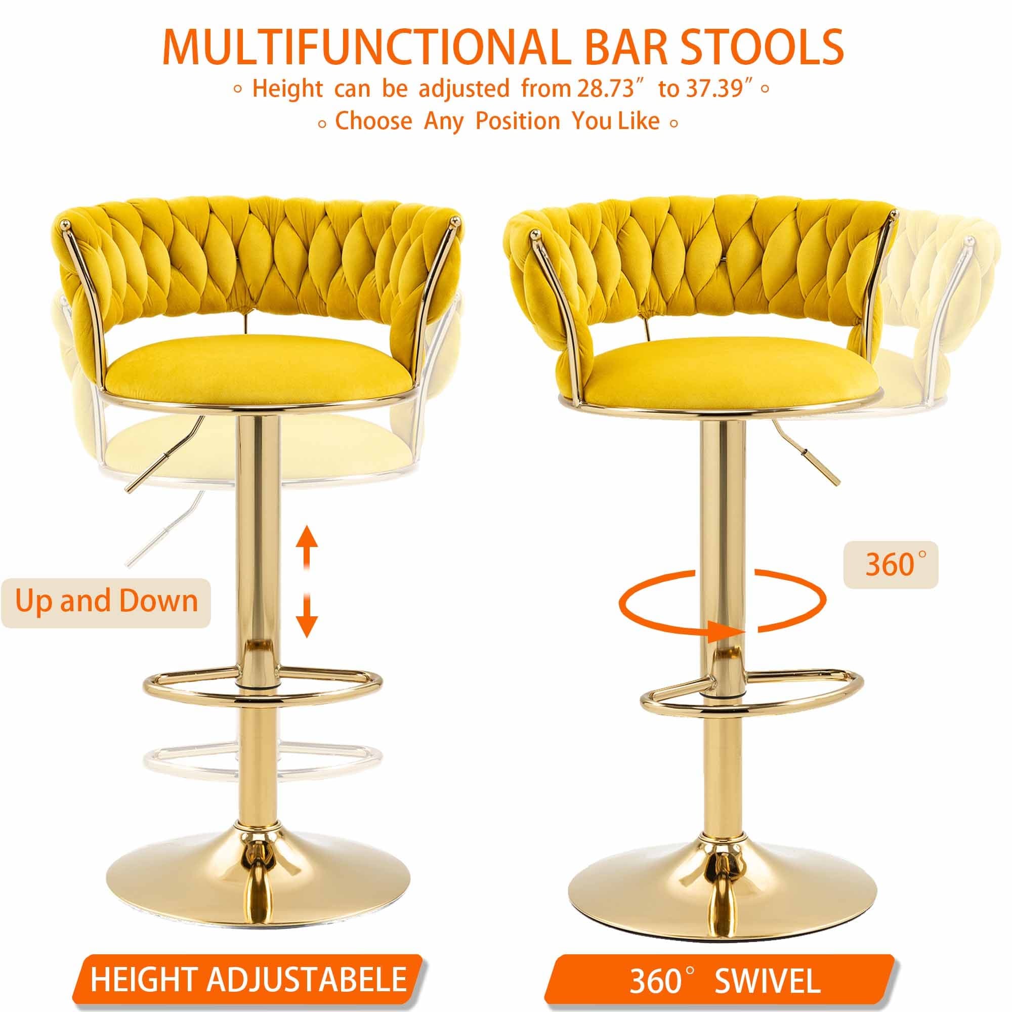 Toweling Fabric Adjustable Height Armless Bar Stools With Golden