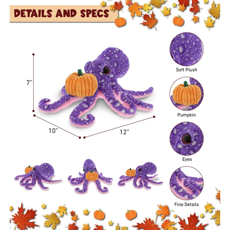 DolliBu Wild Collection Purple Octopus Stuffed Animal w/ Pumpkin Decor - 12 inches