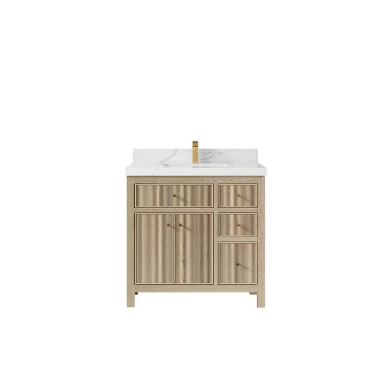 Willow Collections 36 x 22 Sonoma Oak Wood Center Sink Left Bathroom Vanity with Quartz or Marble Countertop
