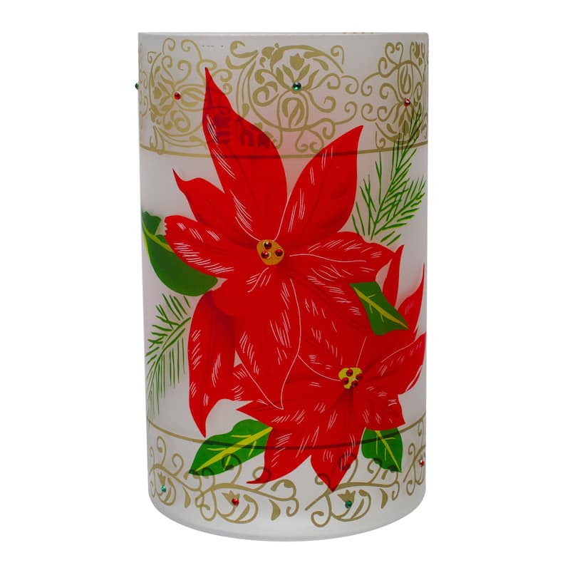 10" Red Poinsettias Gold Flameless Glass Christmas Candle Holder