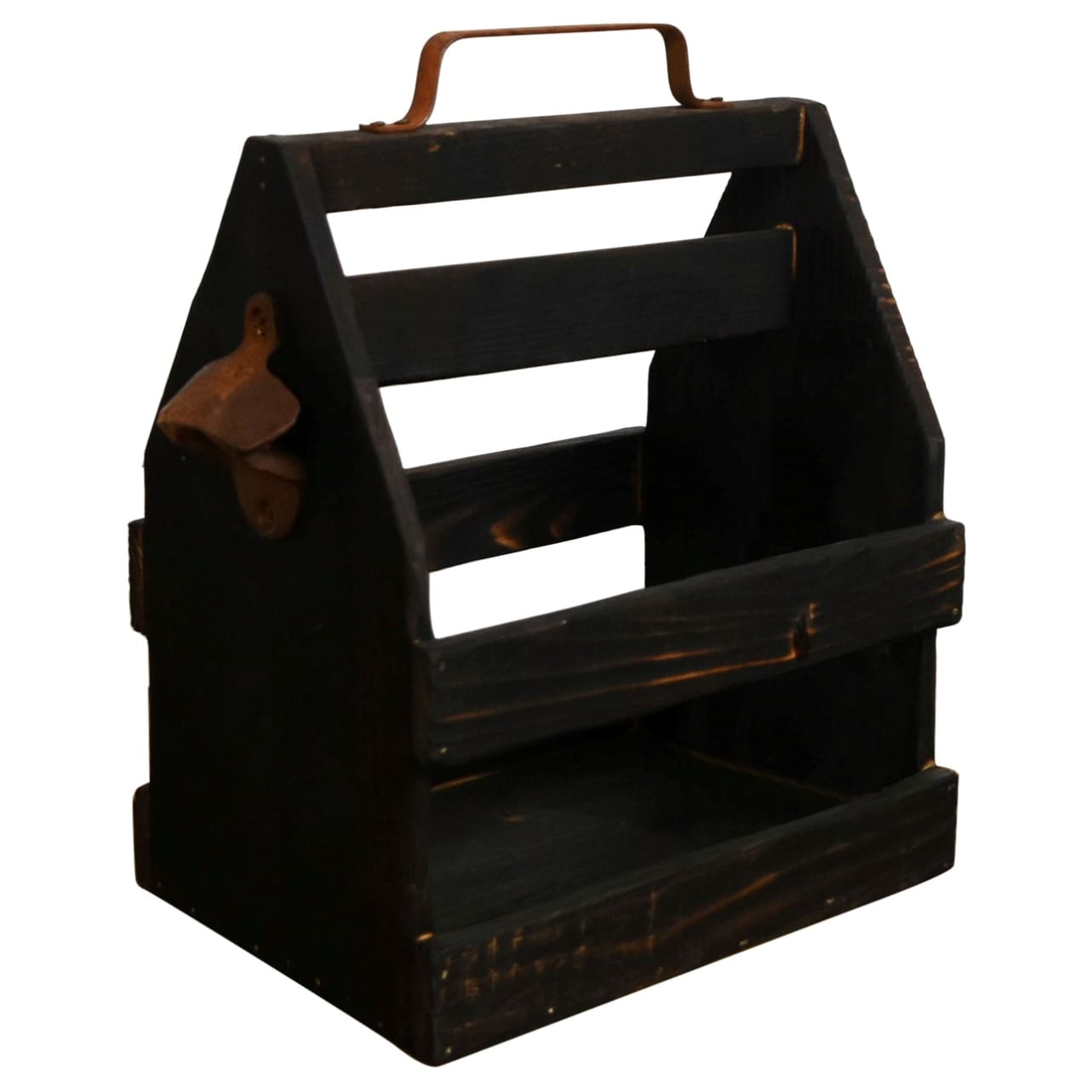 Wood and Tin Bottle Caddy Holder With Bottle Cap Opener - Brown