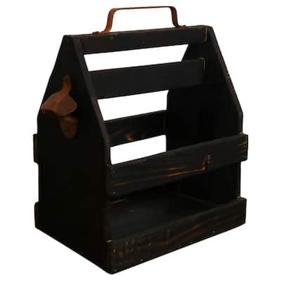 Wood and Tin Bottle Caddy Holder With Bottle Cap Opener - Brown