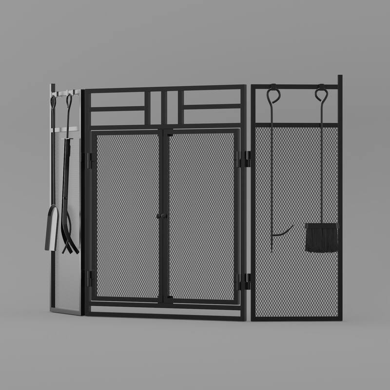 3-Panel Fireplace Screen with Doors and Tools Set, Wrought Iron Mesh Spark Guard for Indoor Fireplace Safety