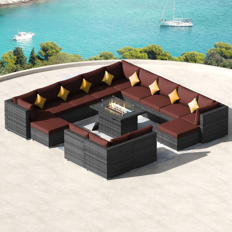 FINCATI 15-Piece Grey Wicker Patio Conversation Sofa Set with Ottomans, 43″ Fire Pit Table