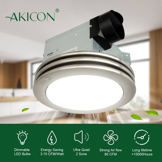 Akicon Ultra Quiet Bathroom Exhaust Fan with LED Light 80CFM 2.0 Sones Round Bathroom Ventilation Fan with Frosted Glass Cover