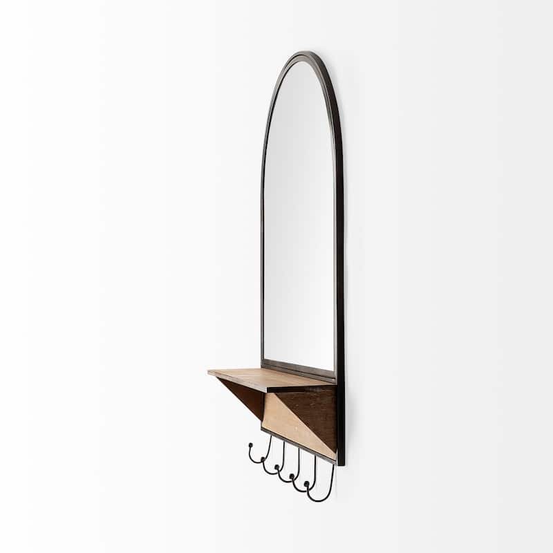 Neville Black Metal and Brown Solid Wood Shelf With Hooks Arched Mirror - 30" x 20"