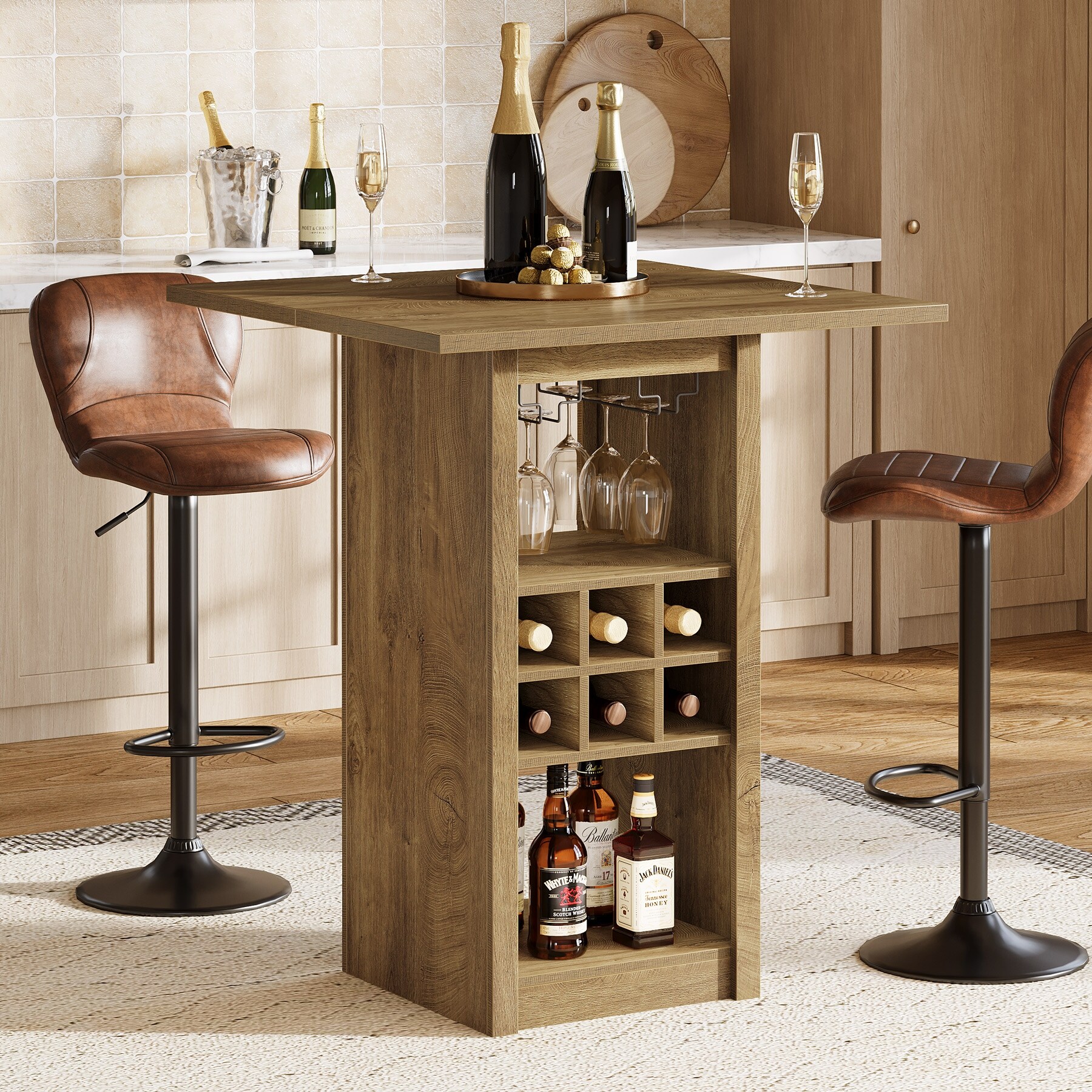 Wood Counter Height Bar Table, Glass Holders Wine Racks Storage