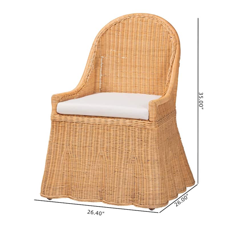 Maya Natural Rattan Accent Chair - Hand Woven Wicker Dining Chair with Scalloped Skirt and Cushion, Coastal Boho Style Seating