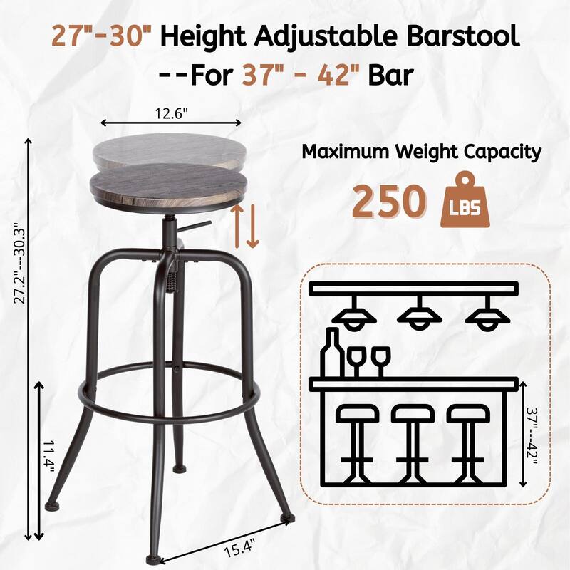 Homy Casa Set of 2 Adjustable Height Industrial Bar Stools with Swivel Wood Seat-Ideal for Kitchen Islands and Home Bars - N/A