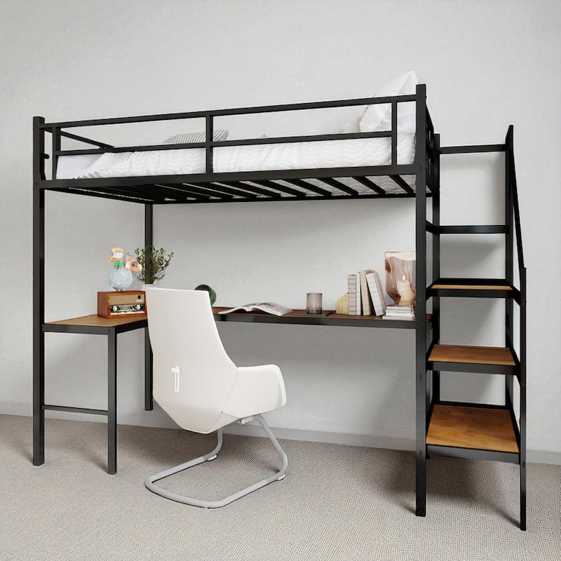 Twin Metal Loft Bed with L-Shaped Desk, Storage Stairs, 360掳 Guardrails, Shelves & Pegboard, Space-Saving Design - Black - Twin