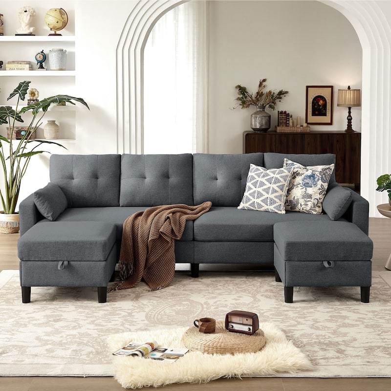 101" Sectional Sofa with Storage Ottoman - Dark Grey - U Shaped