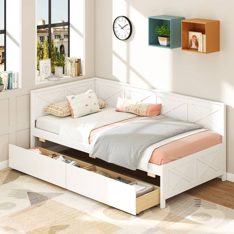 Twin Size Wooden Corner Sofa Daybed Frame with 2 Storage Drawers and Slats for Kids or Guest Bedroom - White