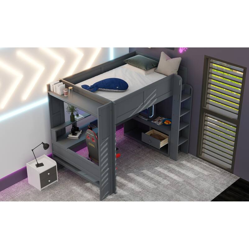 Full Size Gaming Loft Bed with Built-in Desk, LED Lights, Charging Station & Storage Shelves, Dark Gray