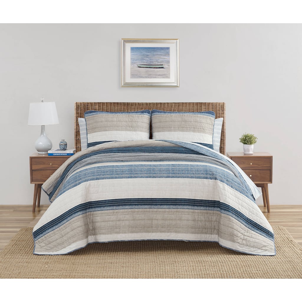 Nautica Ridgeport Stripes Printed Texture Reverse Cotton Quilt (Denim, 3 Piece Set)