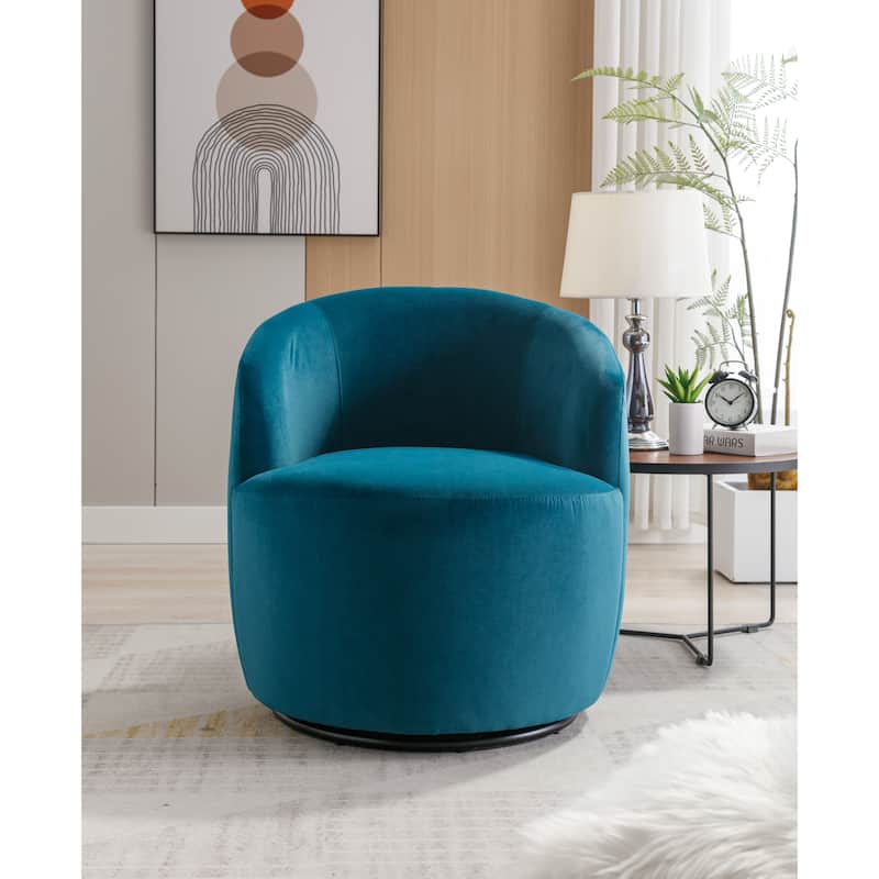 Teal Velvet Modern 25.6" Upholstered Swivel Barrel Chair with Black Powder Coating and Metal Ring