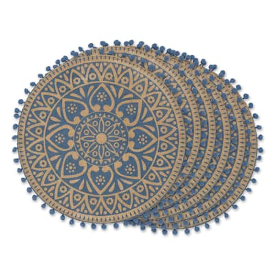 Block Print Round Placemats - 15" - Blue and Beige - Set of 6